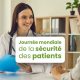 Un patient face à un médecin souriant. Le texte dit "Journée mondiale de la sécurité des patients"