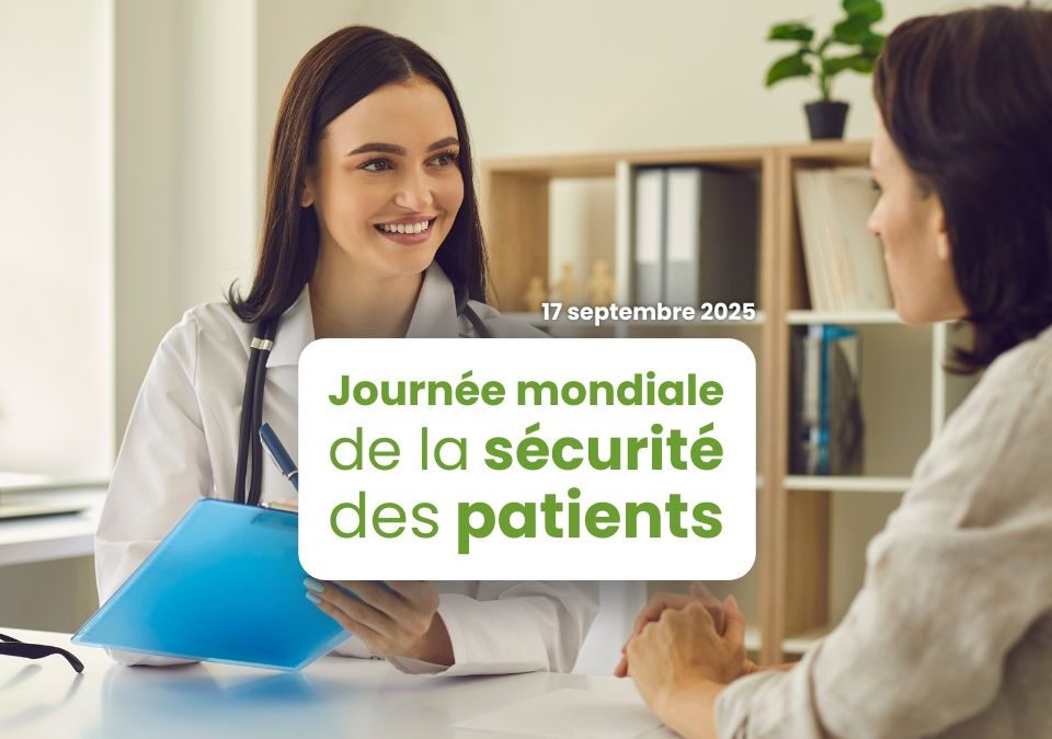 Un patient face à un médecin souriant. Le texte dit "Journée mondiale de la sécurité des patients"