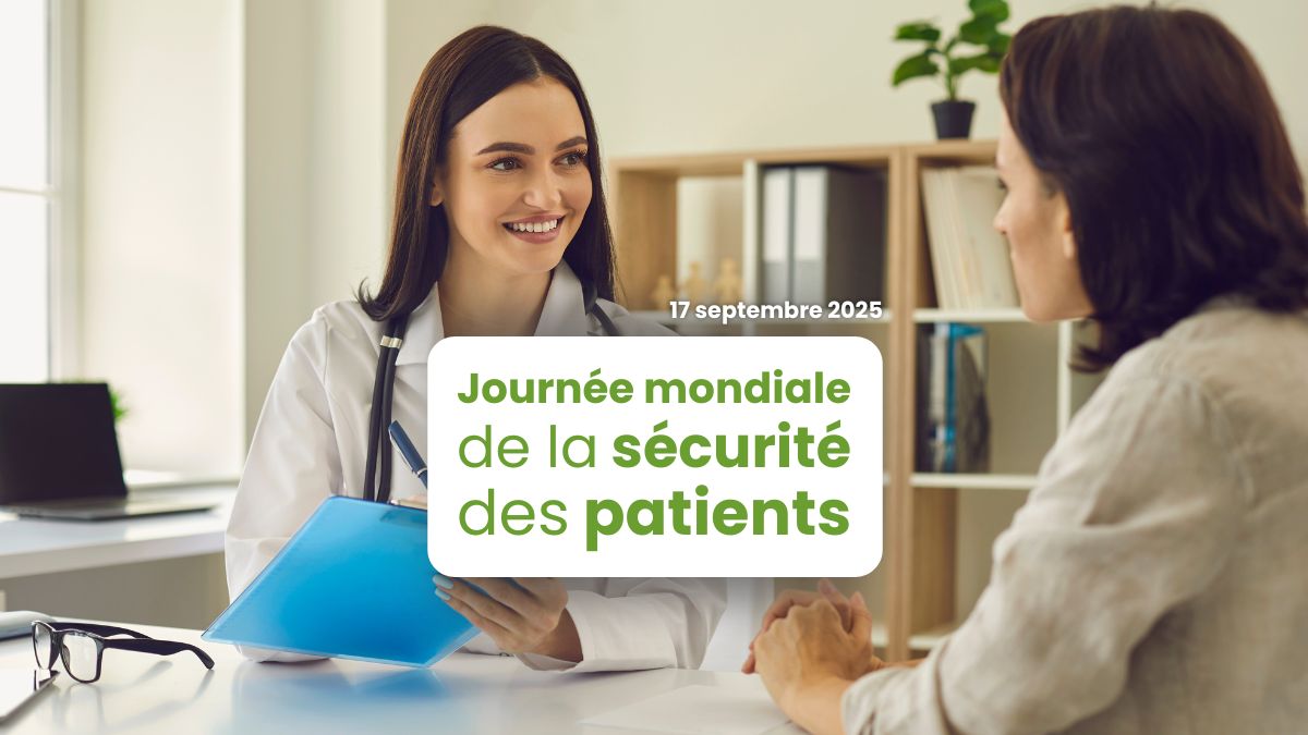 Un patient face à un médecin souriant. Le texte dit "Journée mondiale de la sécurité des patients"