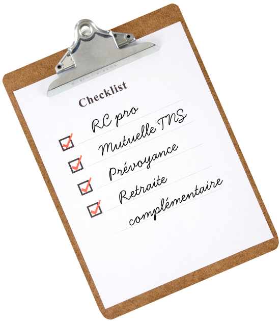 Feuille checklist des assurances indispensables des indépendants : RC professionnelle, Mutuelle, prévoyance, retraite complémentaire